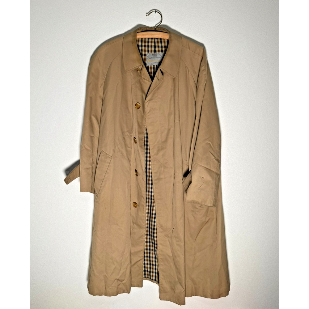 Vintage Aquascutum London Trench Coat 44R Tan Made In England Check Lined